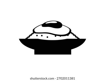 Arroz em um prato com cobertura de ovo frito. Ilustração simples em preto e branco.