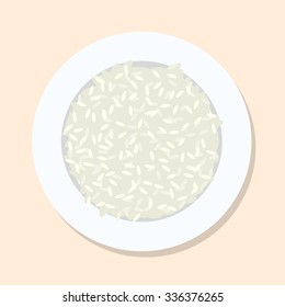 Rice on plate. On light background. Vector.