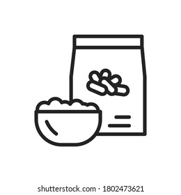 Rice package and bowl of porridge black line icon. Healthy, organic food. Proper nutrition. Isolated vector element. Outline pictogram for web page, mobile app, promo