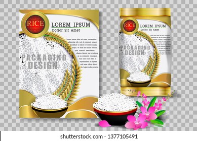 Rice Package Thailand food Logo Products and Fabric Background Thai Arts,  banner and poster template design rice food.Golden template and rice design