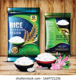 Rice Package Thailand food Logo Products and Fabric Background Thai Arts,  banner and poster template design rice food.Golden template and rice design on wood wall background