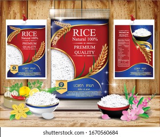 Rice Package Thailand food Logo Products and Fabric Background Thai Arts,  banner and poster template design rice food.Golden template and rice design on wood wall background