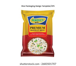 Modelo de vetor de design de embalagem de arroz - etiqueta do produto e molde de saco de alimentos
