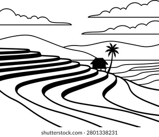 Rice paddy field landscape illustration with traditional hut and palm tree on hilly background in linear black line art.