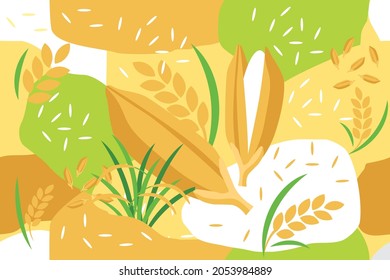 Rice Paddy And Grain Elements Seamless Pattern Abstract Vector Design Background