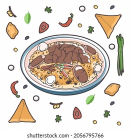 Rice (palau) With Horse Sausage (kazy Karta). Central Asian Dishes. Vector. 