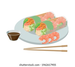Rice paper roll, nems. Rolls in rice paper with shrimps and soy sauce with chopsticks. Asian food concept. Vector illustration isolated on white background.