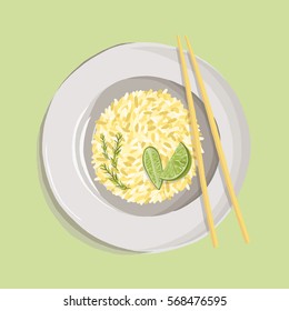 rice pilaf with turmeric powder, rosemary, lime and chopsticks on white plate. realistic dish, vector illustration