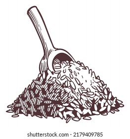 Rice pile with wooden ladle. Grain engraving