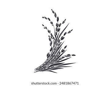 Rice plant, grain. Vector symbol on white background. Graphic panicles shape. Asian farm food, vegan organic milk, gluten free flour