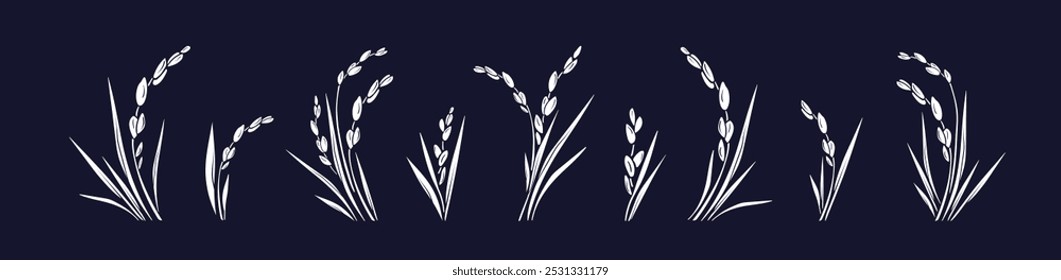 Planta de arroz, conjunto de granos. Comida orgánica tradicional de granja. Elementos para etiqueta, menú, paquete, gachas de cereales, leche vegana, harina sin gluten. Vector aislado sobre fondo negro