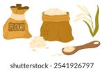 Rice plant, grains in spoon and cereals in package or sack set. Staple food cultivated in paddies. Vector illustration isolated on white background.