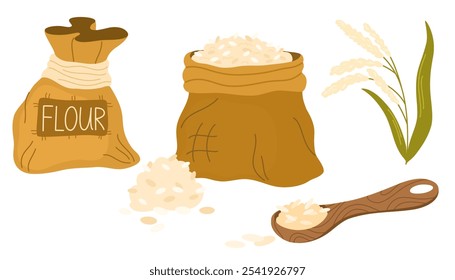 Planta de arroz, grãos em colher e cereais em pacote ou saco. Alimento básico cultivado em currais. Ilustração vetorial isolada sobre fundo branco.