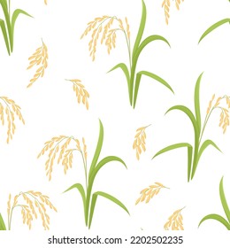 Rice plant seamless pattern. Botanical background with paddy rice ear with green leaf. Vector cartoon illustration.