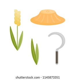 rice plant sickle and Farmer hat flat vector illustration