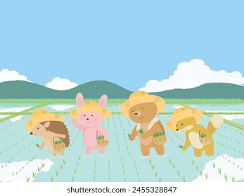Rice planting season with cute animals.