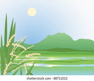  rice plants growing against a backdrop of a beautiful green paddy field and distant mountains vector illustration in eps 10 format