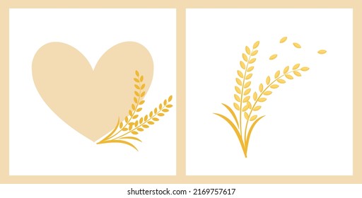 Rice plants logo and heart frame vector illustration.