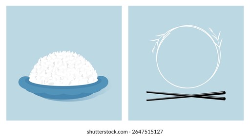 Placa de arroz, pauzinhos e logotipo de sinal de arroz no vetor de fundos azul.