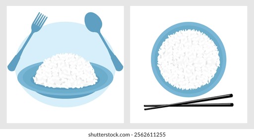 Rice plate, spoon, fork, bowl and chopsticks icon set isolated on white backgrounds vector.