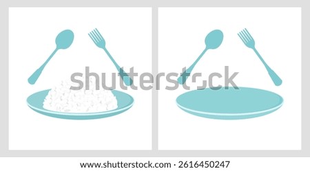 Rice plate, spoon and fork icon signs isolated on white backgrounds vector.