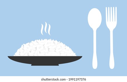 Rice Plate, Spoon And Fork Icons On Blue Background Vector Illustration. 