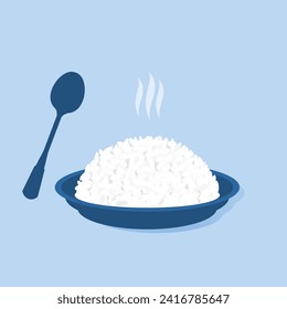 Rice plate and spoon on blue background vector illustration.