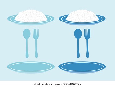 Rice plates, spoons, forks icons on blue background vector illustration. 