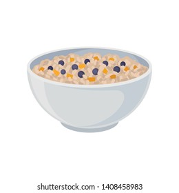 Rice porridge in a ceramic bowl closeup. Vector illustration on white background.