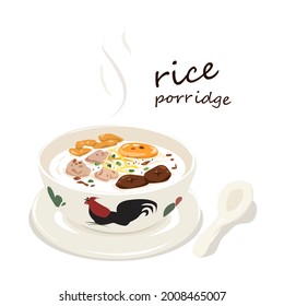 Rice porridge with minced pork, egg, and crispy dough vector illustration on white background.