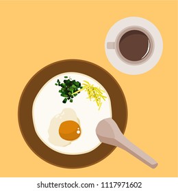 rice porridge with soft boiled egg and a cup of cocoa top view illustration.