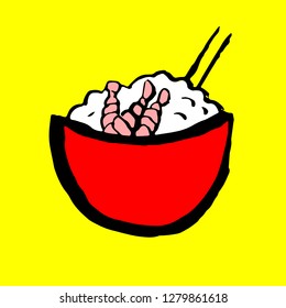 Rice with prawn icon. Grunge ink brush vector illustration. Food flat illustration.