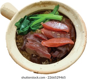 Rice prepared in a porcelain pot. It is traditionally known as "cơm thố," a Vietnamese dish. The rice is  then fried before being combined with fried sausages, green mustard lettuces, and fried bacon.