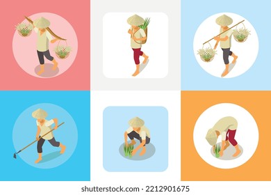 Rice production isometric set of circle compositions with characters of workers with tools gathering plant seeds vector illustration