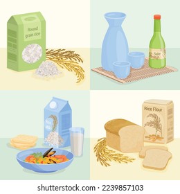 Rice products flat 2x2 set of square compositions with flour milk sake and grain product packages vector illustration