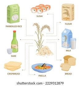 Rice products flat infographic composition with flowchart of product and meal images with editable text captions vector illustration