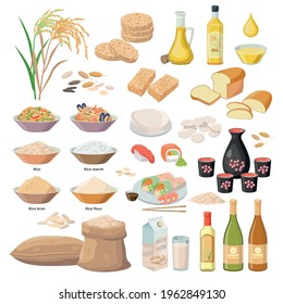 Rice products, food from rice, oil, flour, bran, starch, milk, Puffed rice, popped rice cakes, Sake, wine , bread, sushi, chips, Bánh tráng, paper, kernels etc. Vector set of infgraphic elements.