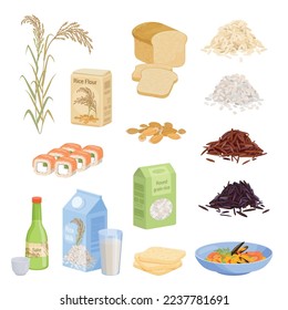 Rice products set with isolated icons and flat images of seed bread milk and sushi rolls vector illustration