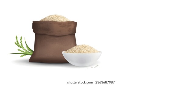 Rice realistic composition with isolated front view of plate sack and green sprout on blank background vector illustration