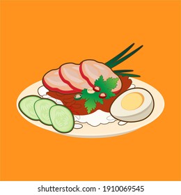 Rice with Red Roast Pork Served Boiled Egg and topped with Sweet Sauce vegetables spring onion, Vector illustration