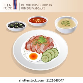 Rice with Red Roast Pork Served Boiled Egg and topped with Sweet Sauce vector illustration.