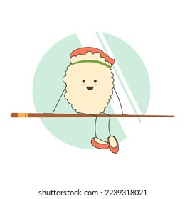 a rice roll stuffed with eel sits on a Chinese stick with a sweet smile