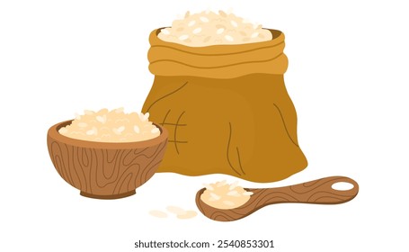 Rice sack and Rice in bowl. Bag of rice with spatula. Grain harvest in open package. Vector illustration of basmati packaging design element.