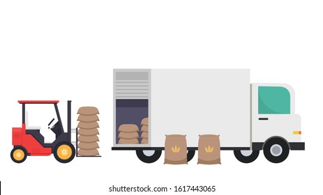 Rice sack cartoon vector. rice bag. symbol. logo design. Rice sack on cart. Trucking rice sack. Forklift.