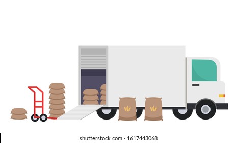 Rice sack cartoon vector. rice bag. symbol. logo design. Rice sack on cart. Trucking rice sack.