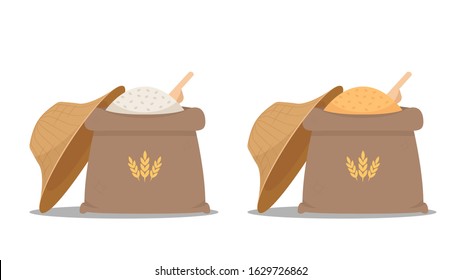 Rice sack cartoon vector. rice bag. symbol. logo design. Peasant hat.