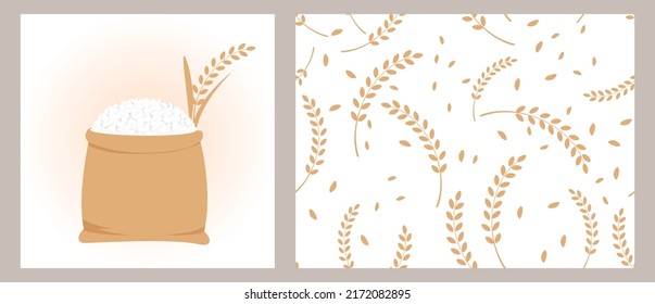 Icono de saco de arroz y patrón transparente de arroz en la ilustración del vector de fondo blanco.