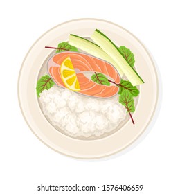 Rice With Salmon and Lemon Slice Served on Plate