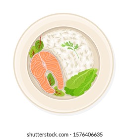 Rice With Salmon and Lettuce Leaves Served on Plate