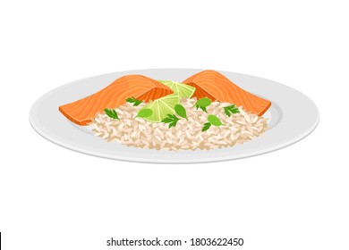 Rice with Salmon Slab Garnished with Lime Slices as Seafood Dish Vector Illustration